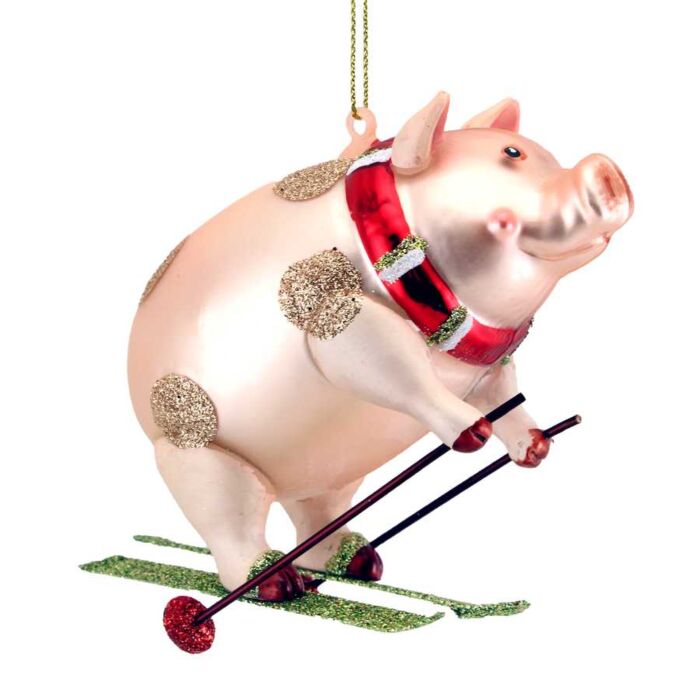 Gisela Graham Painted Glass Pig On Skis Decoration-2